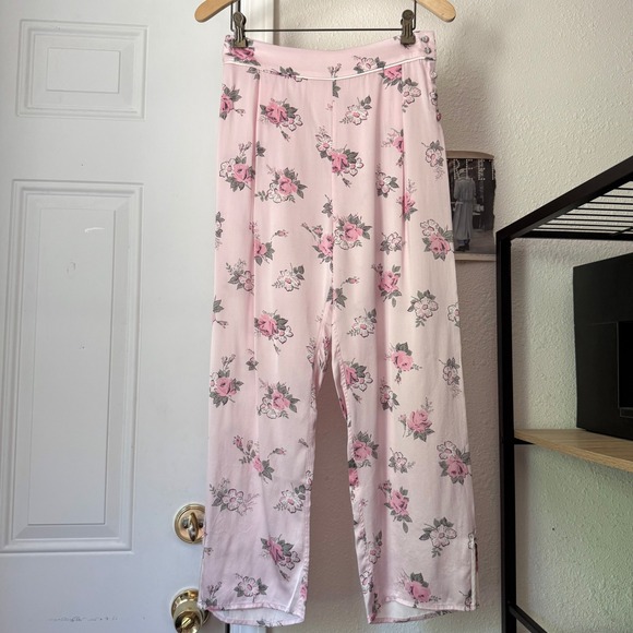 LoveShackFancy Pants - LOVESHACKFANCY pink silk floral wide straight leg cropped pants